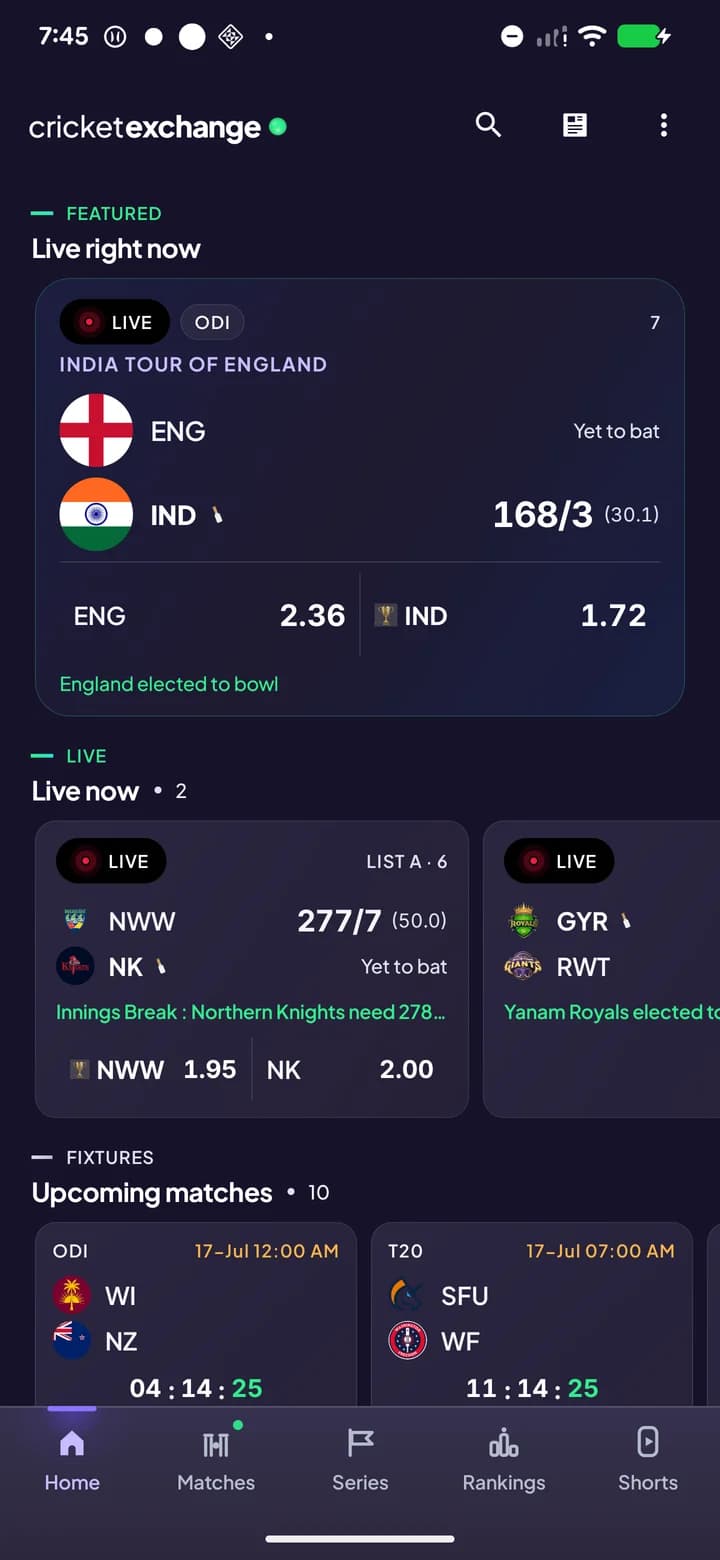 CricketExchange running on a phone